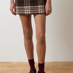 Tartan Plaid Wool Blend Brown and Red Women's Mini Skirt w Pockets